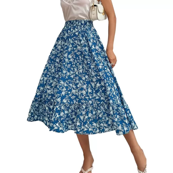 CHARTOU Women's Elastic High Waist Floral Print Pleated Flowy Flared A-Line Midi Long Skirt