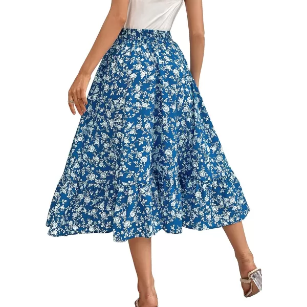CHARTOU Women's Elastic High Waist Floral Print Pleated Flowy Flared A-Line Midi Long Skirt