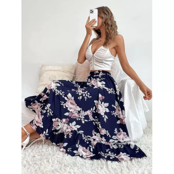 CHARTOU Women's Elastic High Waist Floral Print Pleated Flowy Flared A-Line Midi Long Skirt