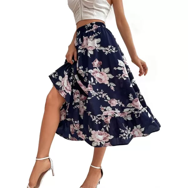 CHARTOU Women's Elastic High Waist Floral Print Pleated Flowy Flared A-Line Midi Long Skirt