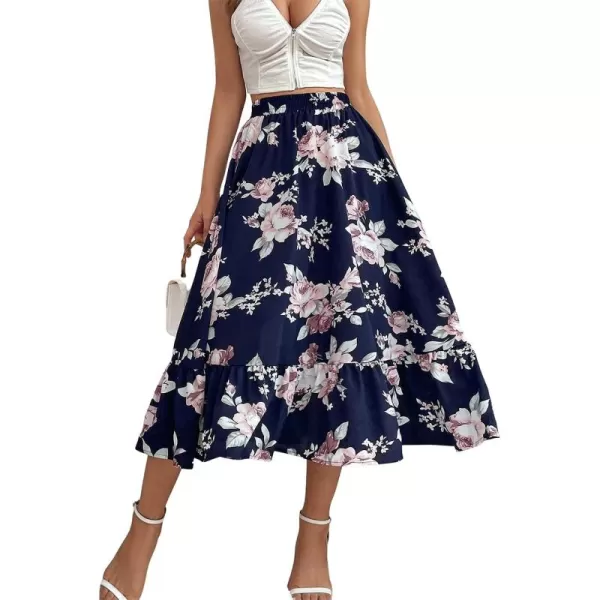 CHARTOU Women's Elastic High Waist Floral Print Pleated Flowy Flared A-Line Midi Long Skirt