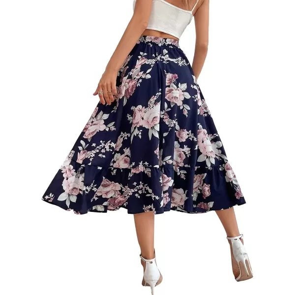 CHARTOU Women's Elastic High Waist Floral Print Pleated Flowy Flared A-Line Midi Long Skirt