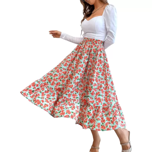 CHARTOU Women's Elastic High Waist Floral Print Pleated Flowy Flared A-Line Midi Long Skirt