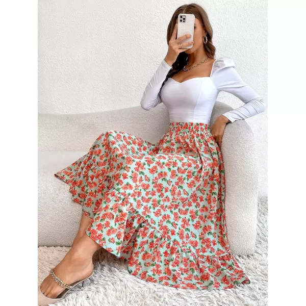 CHARTOU Women's Elastic High Waist Floral Print Pleated Flowy Flared A-Line Midi Long Skirt