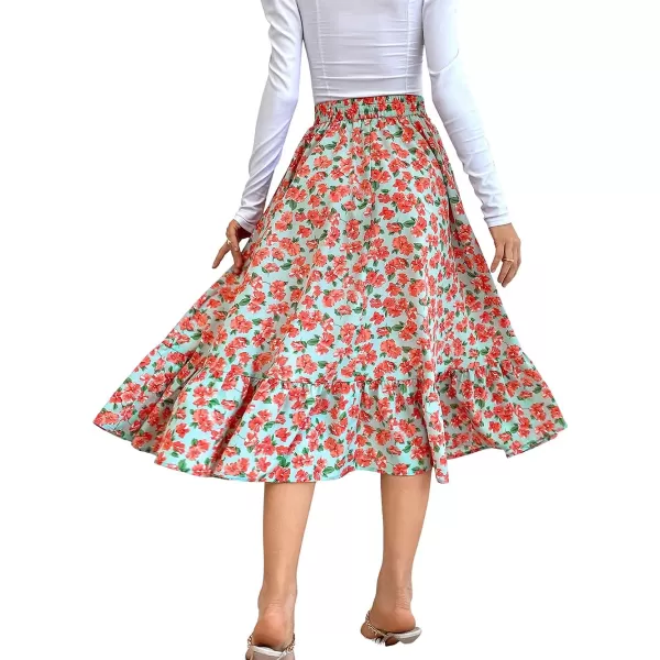 CHARTOU Women's Elastic High Waist Floral Print Pleated Flowy Flared A-Line Midi Long Skirt