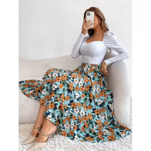 CHARTOU Women's Elastic High Waist Floral Print Pleated Flowy Flared A-Line Midi Long Skirt
