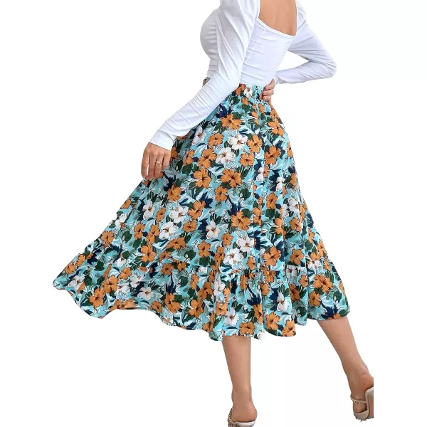 CHARTOU Women's Elastic High Waist Floral Print Pleated Flowy Flared A-Line Midi Long Skirt
