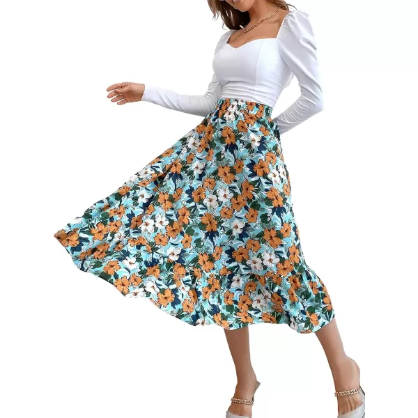 CHARTOU Women's Elastic High Waist Floral Print Pleated Flowy Flared A-Line Midi Long Skirt