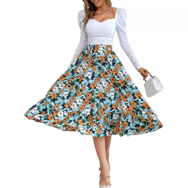 CHARTOU Women's Elastic High Waist Floral Print Pleated Flowy Flared A-Line Midi Long Skirt