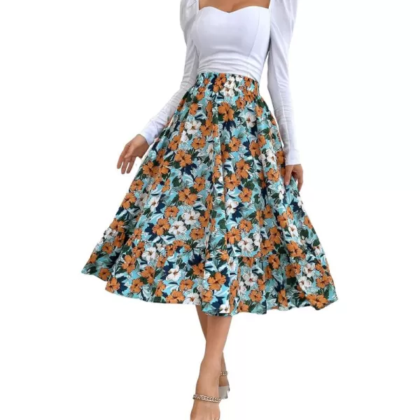CHARTOU Women's Elastic High Waist Floral Print Pleated Flowy Flared A-Line Midi Long Skirt