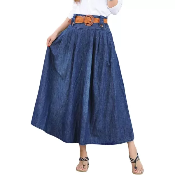 CHARTOU Women's Elastic High Waist Long Denim Pleated Skirt with Belt/Pockets )