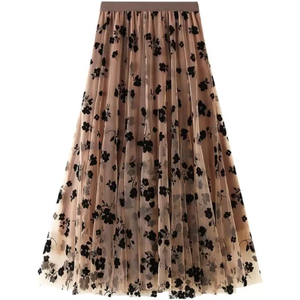 CHARTOU Women's Elastic High Waist Tulle Ruffle Pleated A-Line Swing Midi Skirt