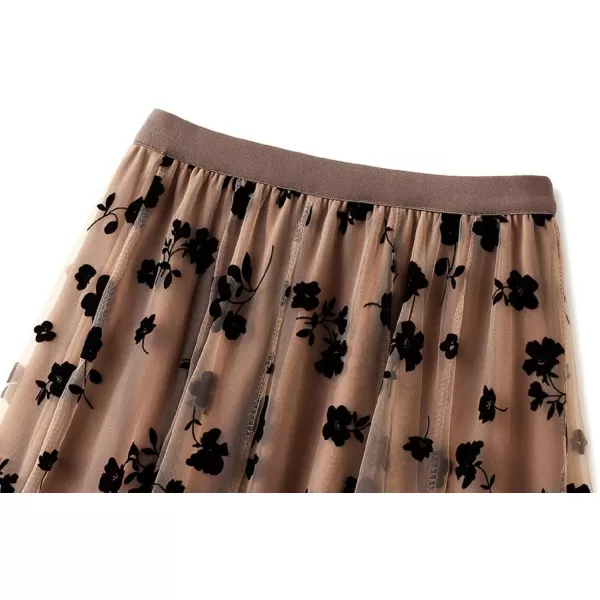 CHARTOU Women's Elastic High Waist Tulle Ruffle Pleated A-Line Swing Midi Skirt