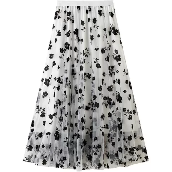 CHARTOU Women's Elastic High Waist Tulle Ruffle Pleated A-Line Swing Midi Skirt