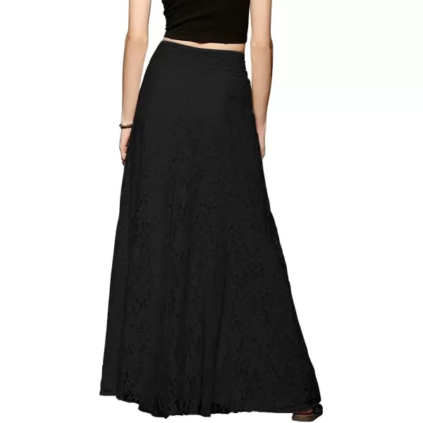 CHARTOU Womens Elegant Floral Lace Elastic High Waist Pleated Maxi Long Beach Skirts