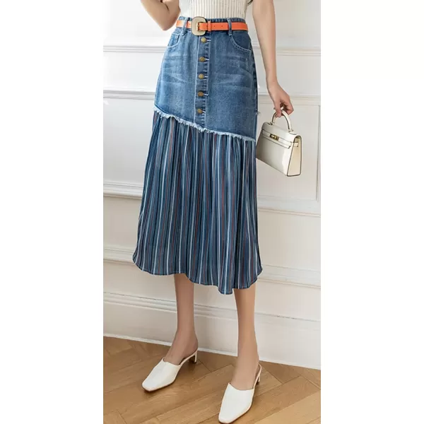 CHARTOU Women's Elegant High Waist Stripes Pleated A-Line Swing Midi Denim Jean Skirt