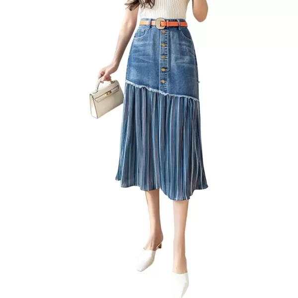 CHARTOU Women's Elegant High Waist Stripes Pleated A-Line Swing Midi Denim Jean Skirt