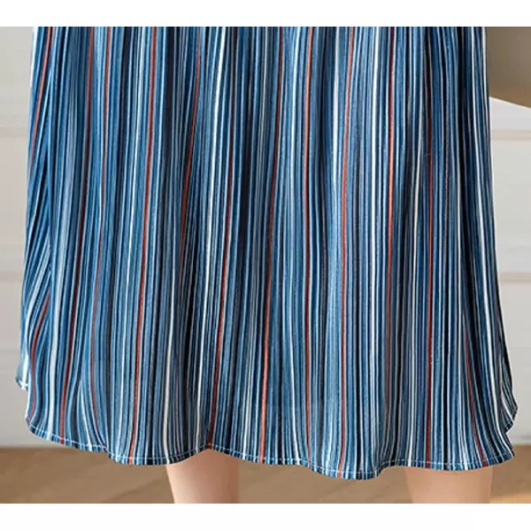 CHARTOU Women's Elegant High Waist Stripes Pleated A-Line Swing Midi Denim Jean Skirt