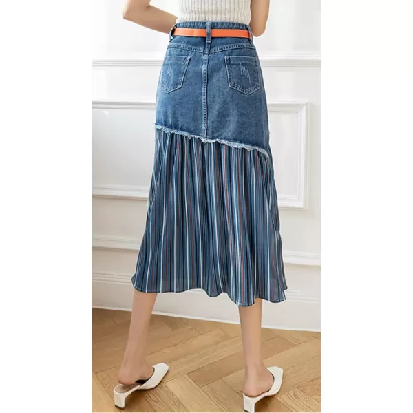 CHARTOU Women's Elegant High Waist Stripes Pleated A-Line Swing Midi Denim Jean Skirt