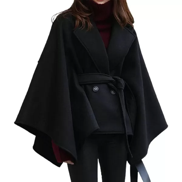 CHARTOU Women's Elegant Lapel Collar Wool Blend Bow-Tie Poncho Cape Jacket with Belt
