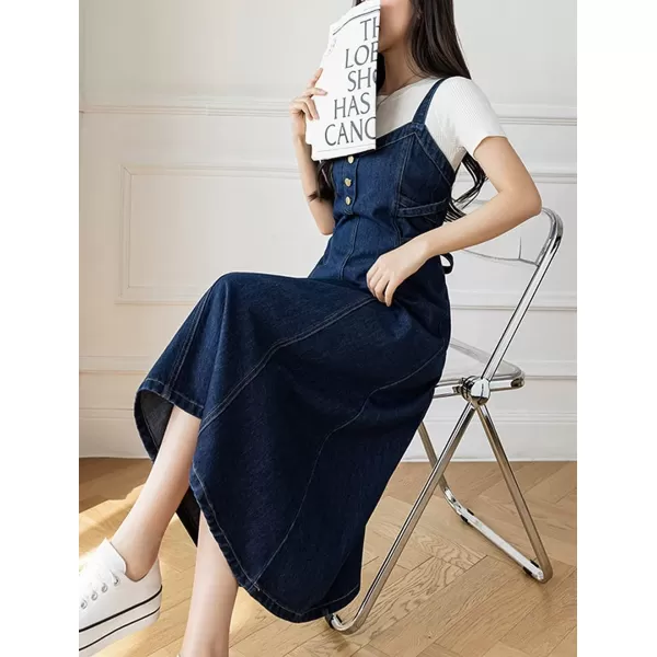 CHARTOU Women's Elegant Straps Back Smocked A-Line Long Skirt Denim Overall Pinafore Dress