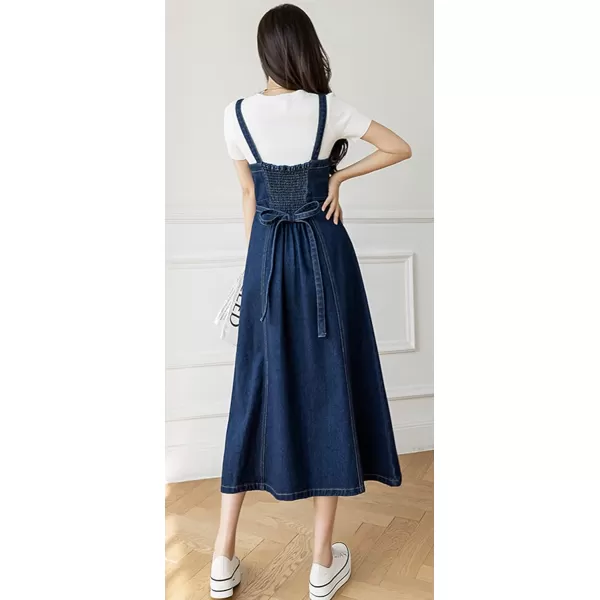 CHARTOU Women's Elegant Straps Back Smocked A-Line Long Skirt Denim Overall Pinafore Dress