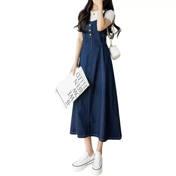 CHARTOU Women's Elegant Straps Back Smocked A-Line Long Skirt Denim Overall Pinafore Dress