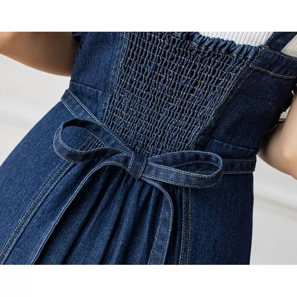 CHARTOU Women's Elegant Straps Back Smocked A-Line Long Skirt Denim Overall Pinafore Dress
