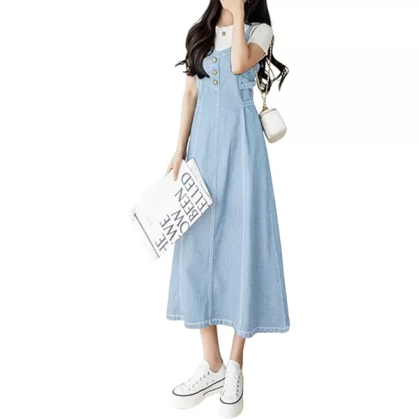 CHARTOU Women's Elegant Straps Back Smocked A-Line Long Skirt Denim Overall Pinafore Dress