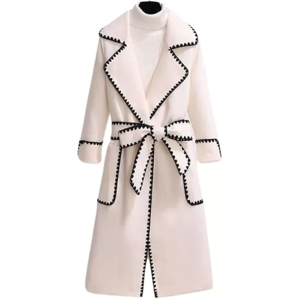 CHARTOU Women's Elegant Wool Blend Lapel Collar Bow-Tie Belt Midi Long Trench Coat Jacket