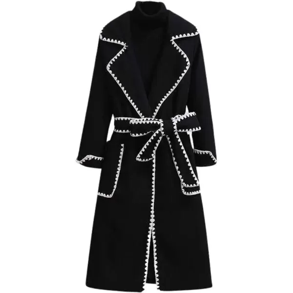 CHARTOU Women's Elegant Wool Blend Lapel Collar Bow-Tie Belt Midi Long Trench Coat Jacket
