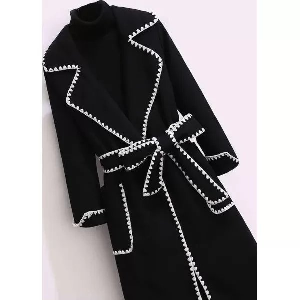 CHARTOU Women's Elegant Wool Blend Lapel Collar Bow-Tie Belt Midi Long Trench Coat Jacket