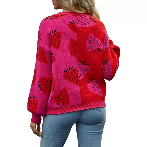 CHARTOU Women's Fall Casual Slouchy Strawberry Print Color Block Button Down Cardigan Sweater