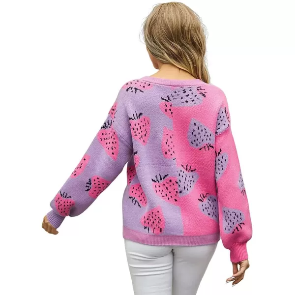 CHARTOU Women's Fall Casual Slouchy Strawberry Print Color Block Button Down Cardigan Sweater