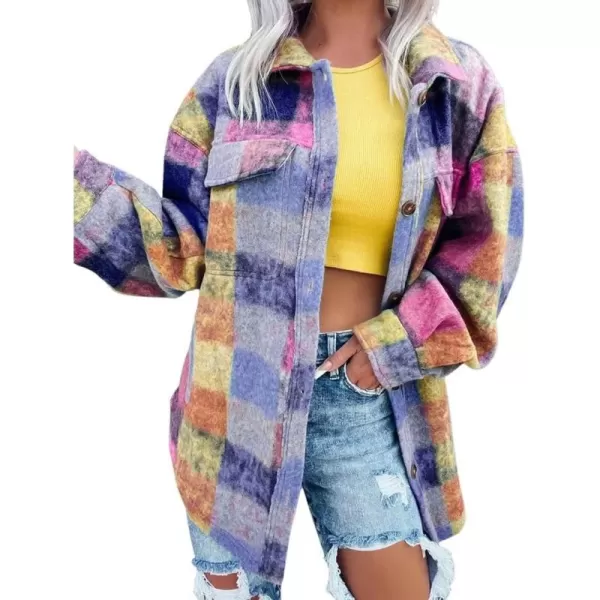 CHARTOU Women's Fall Colorful Button Down Plaid Shirt Brushed Wool Shacket Jacket