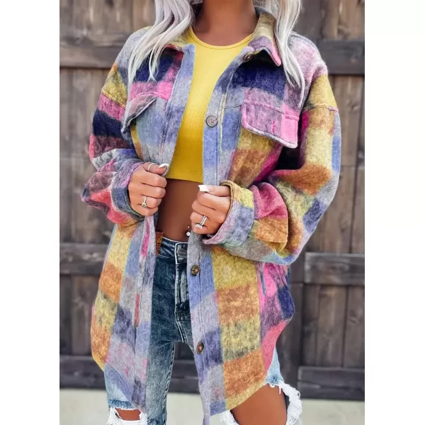 CHARTOU Women's Fall Colorful Button Down Plaid Shirt Brushed Wool Shacket Jacket