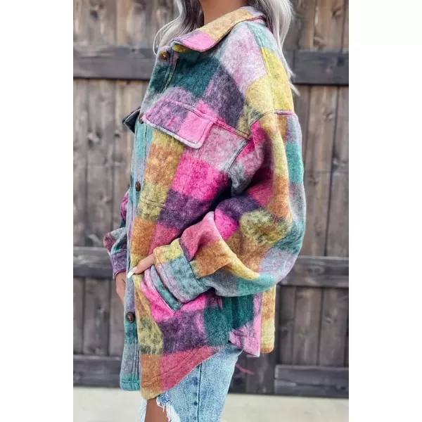 CHARTOU Women's Fall Colorful Button Down Plaid Shirt Brushed Wool Shacket Jacket