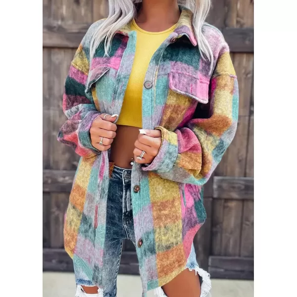 CHARTOU Women's Fall Colorful Button Down Plaid Shirt Brushed Wool Shacket Jacket