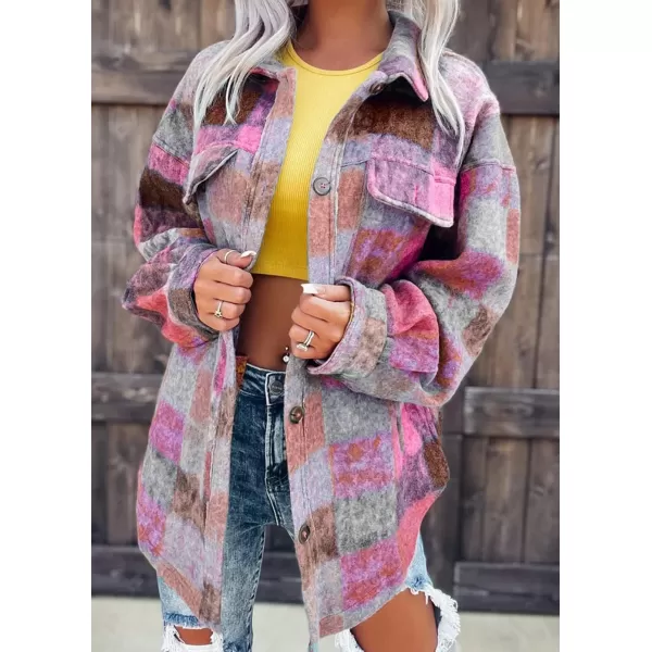 CHARTOU Women's Fall Colorful Button Down Plaid Shirt Brushed Wool Shacket Jacket