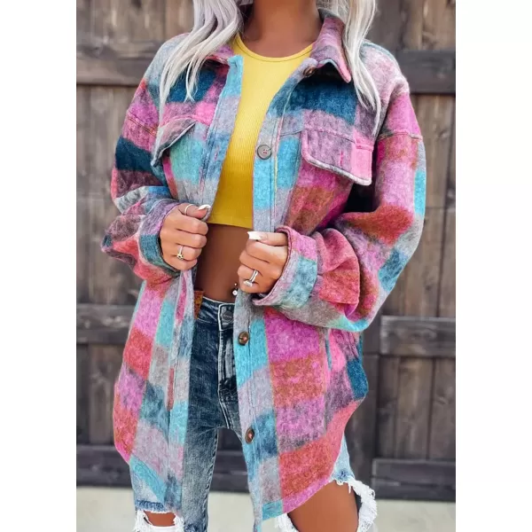CHARTOU Women's Fall Colorful Button Down Plaid Shirt Brushed Wool Shacket Jacket