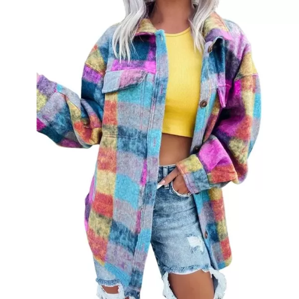 CHARTOU Women's Fall Colorful Button Down Plaid Shirt Brushed Wool Shacket Jacket