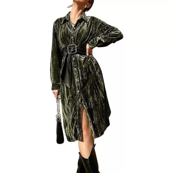 CHARTOU Women's Fall Winter Long Sleeve Velvet Midi Long Button Down Shirt Dress