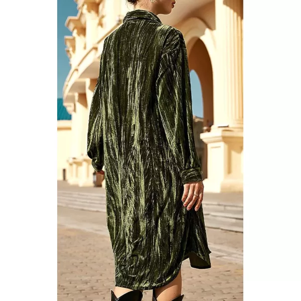 CHARTOU Women's Fall Winter Long Sleeve Velvet Midi Long Button Down Shirt Dress