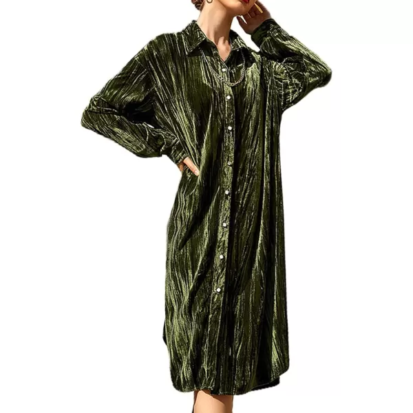 CHARTOU Women's Fall Winter Long Sleeve Velvet Midi Long Button Down Shirt Dress