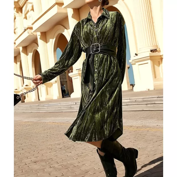 CHARTOU Women's Fall Winter Long Sleeve Velvet Midi Long Button Down Shirt Dress