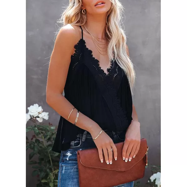 CHARTOU Women's Flowy Lace Trim V Neck Cami Tank Top Draped Spaghetti Strap Tunic