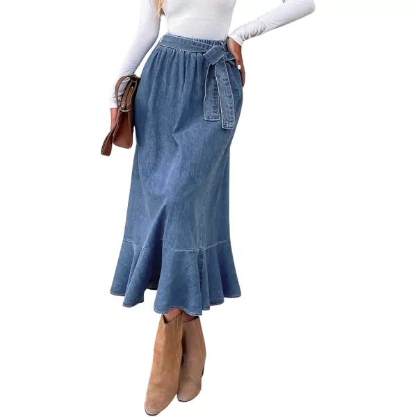 CHARTOU Women's High Elastic Waist Self-Tie Flowy Flared A-Line Pleated Denim Jean Long Skirt