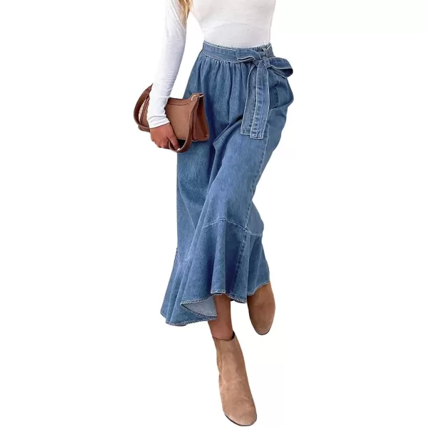 CHARTOU Women's High Elastic Waist Self-Tie Flowy Flared A-Line Pleated Denim Jean Long Skirt