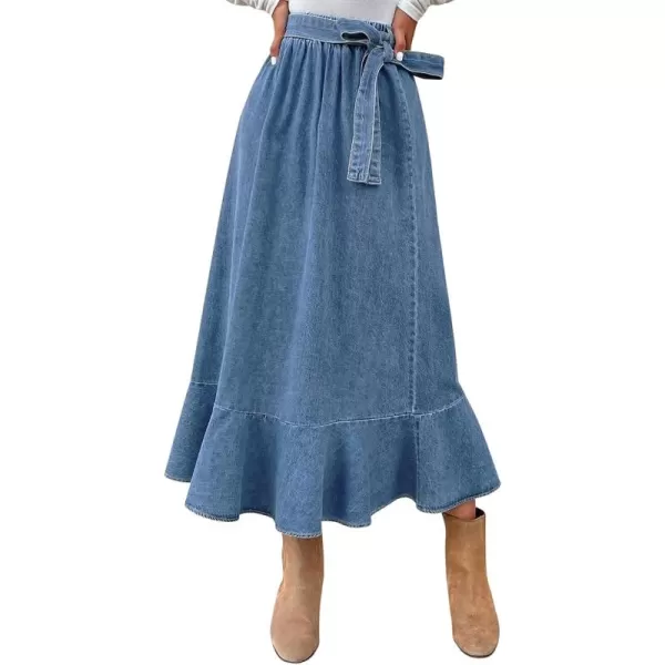 CHARTOU Women's High Elastic Waist Self-Tie Flowy Flared A-Line Pleated Denim Jean Long Skirt