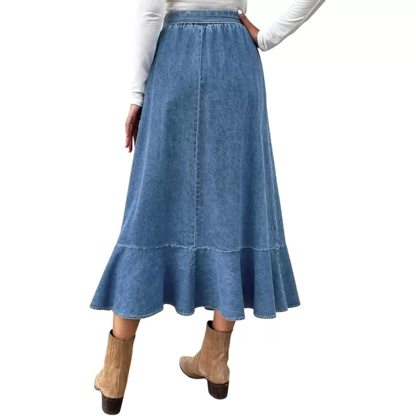 CHARTOU Women's High Elastic Waist Self-Tie Flowy Flared A-Line Pleated Denim Jean Long Skirt